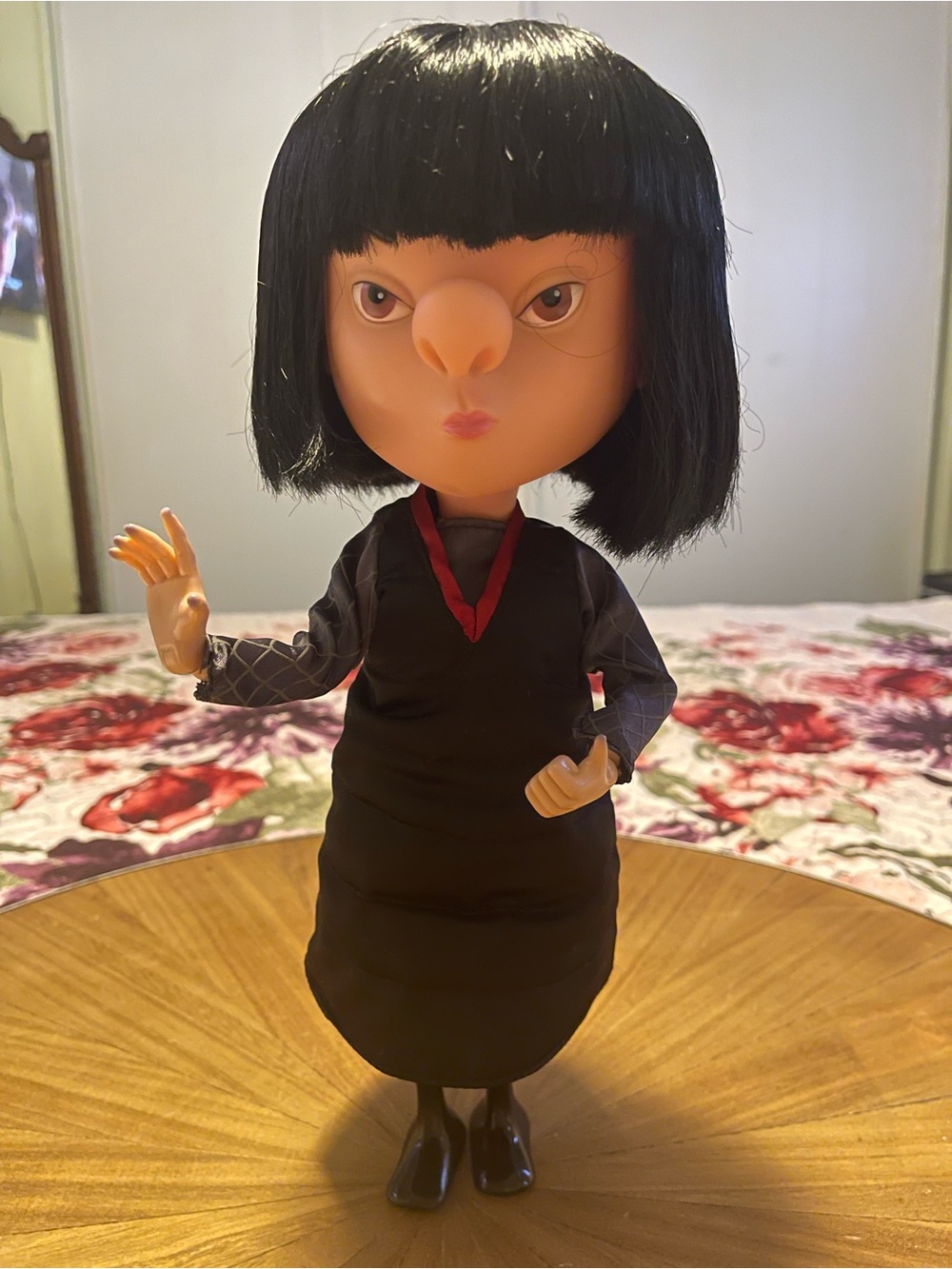 Disney Edna Mode Black-Haired Girl Doll with Red Trim speaks interactive phases